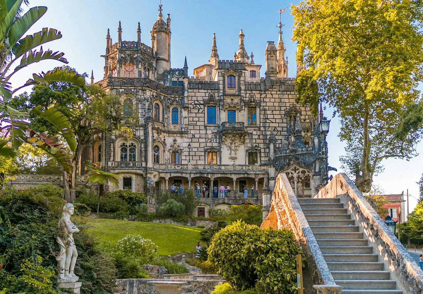 Quinta da Regaleira palace facade and garden stairway